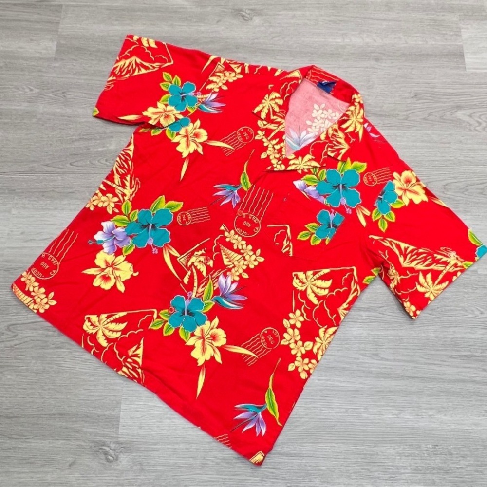 Vintage Ocean Pacific OP Floral Aloha Hawaiian Shirt Tropical Red